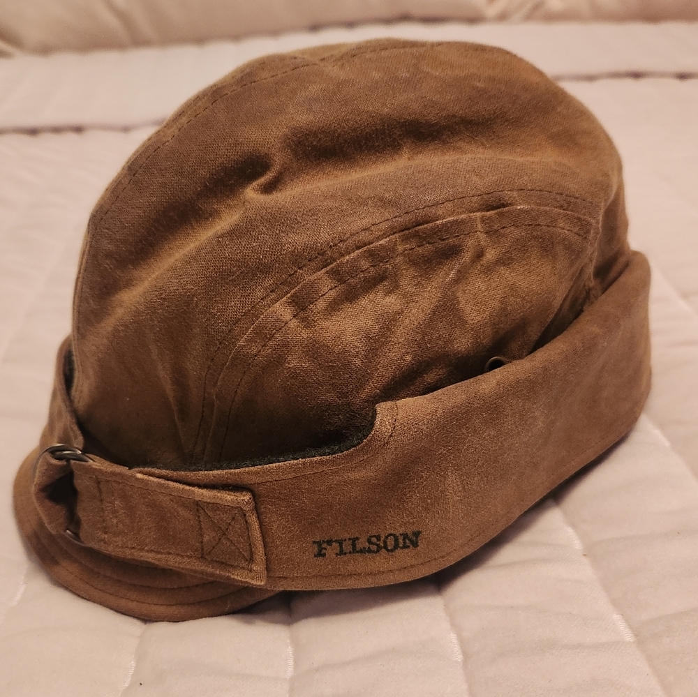 Vintage C.C. Filson Tin Cloth Wool Wildfowl Trapper Hunting Hat Cap Tan Size L